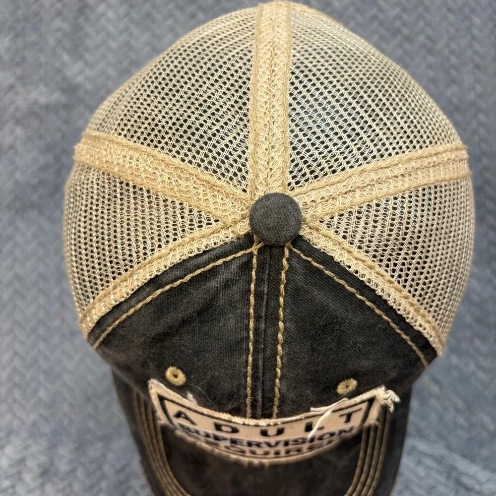 Adult Supervision Required Distressed Trucker Hat Washed Black Tan Mesh Cap